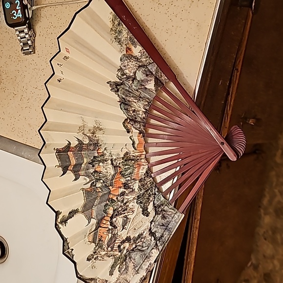 Vintage Large Ornamental Asian Decorative Folding Fan Hand Painted Fabric Wooden - Picture 3 of 5